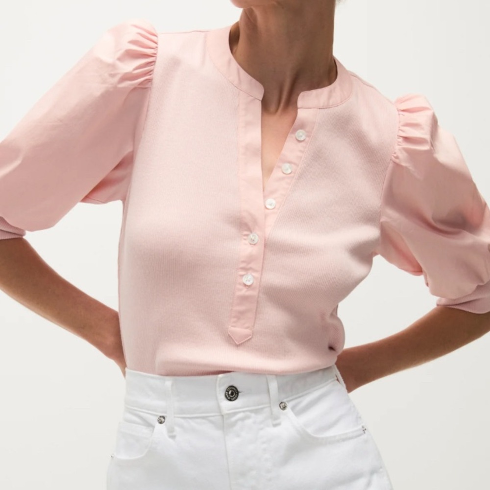 NWT Veronica Beard Coralee Puff Sleeve Button-Front Top 
Size L